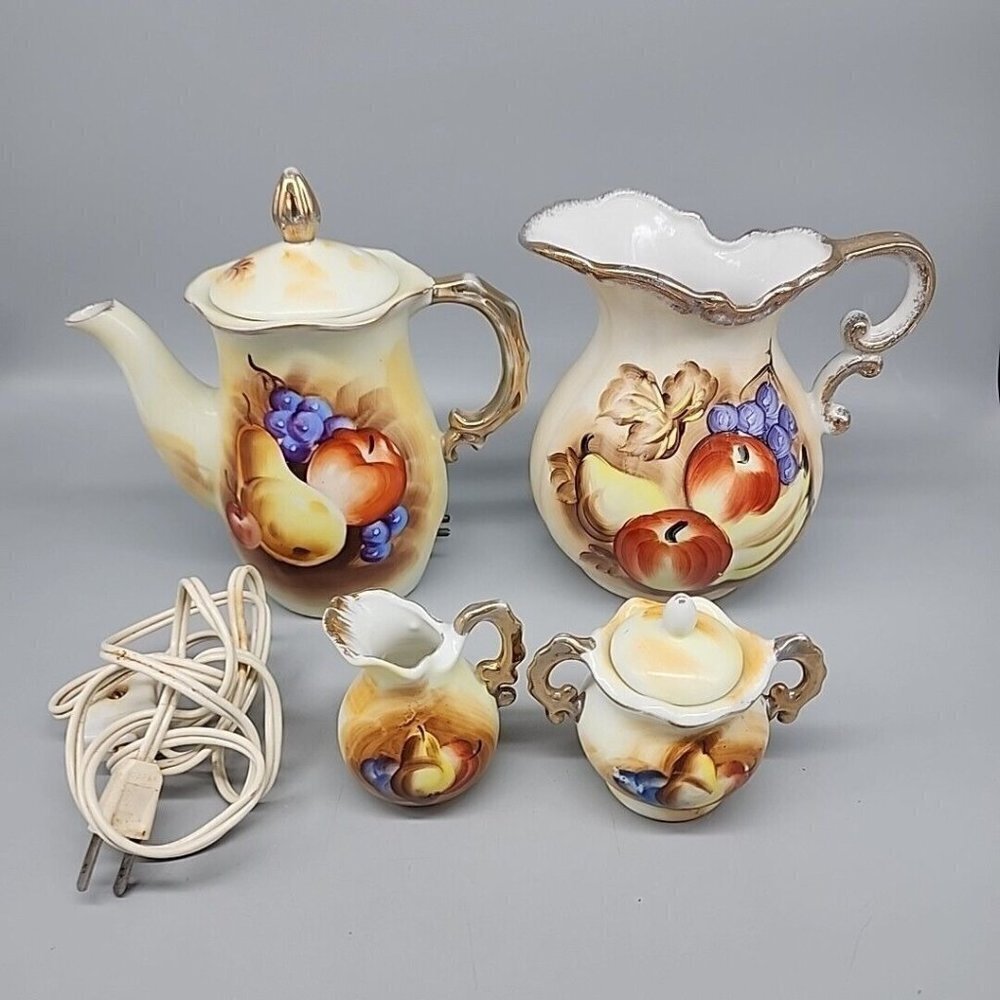 Vintage Enesco Electric Tea Pot Pitcher Creamer & Sugar Bowl Lid Fruit Porcelain